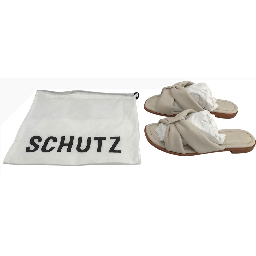 Schutz Fairy Leather Slide Sandals Womens Size 5B Off White‎ Knot Flat Shoes